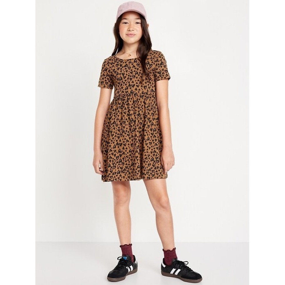 (CL) Old Navy Girls Brown Black Heart Print Short Sleeve Pocket Dress L 10-12